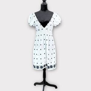 Fit and Flare Dress Size M White Navy Blue Swiss Dot Embroidery Cottage Feminine